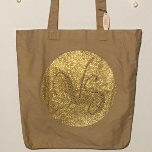 VICTORIA'S SECRET Tan and Gold Canvas Tote Bag NWT
